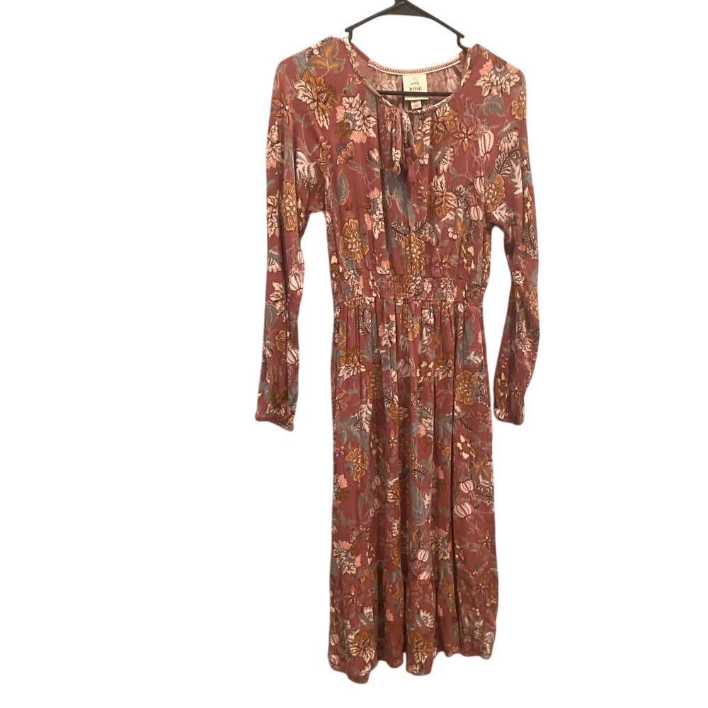 Knox Rose Womens Peasant Midi Dress Size XS Red Floral Boho Prairie Gypsy Tassel